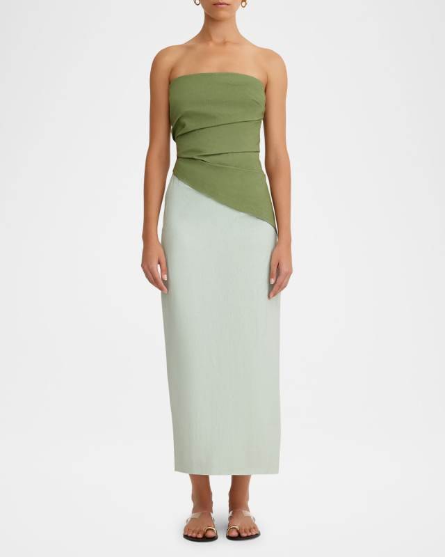 Cecelia Strapless Colorblock Draped Midi Dress